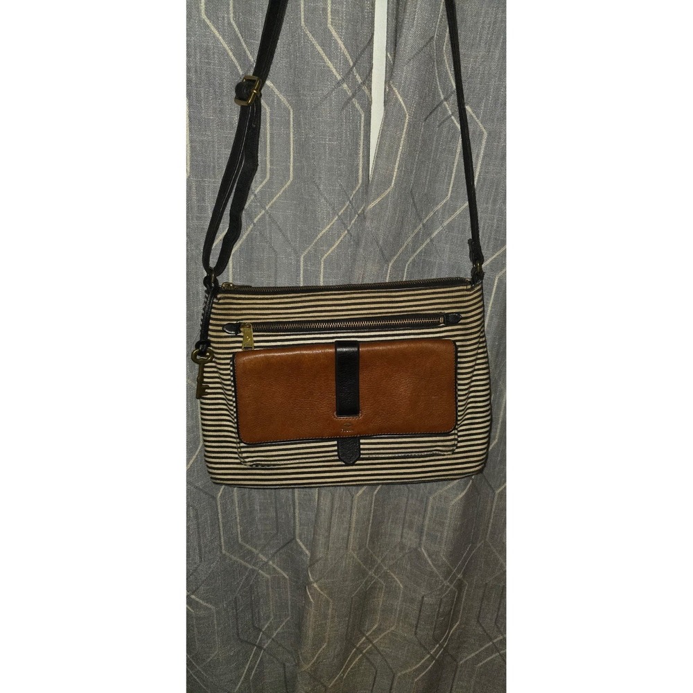 Fossil Crossbody Bag Striped Canvas Leather Trim Messenger Handbag Brown Black M